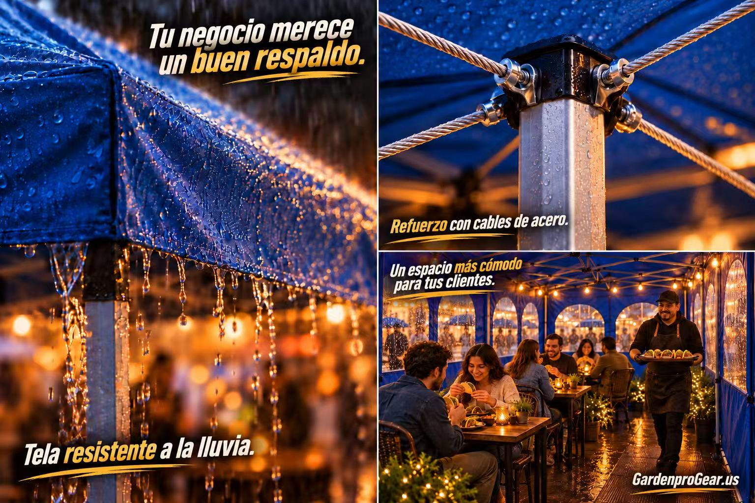 Cubierta bajo la lluvia, refuerzo con cables de acero y espacio para clientes.